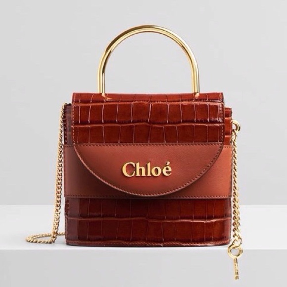 CHLOE
Aby Lock Small Embossed/Calfskin Leather Chain Shoulder Bag Brown - Picture 1 of 16